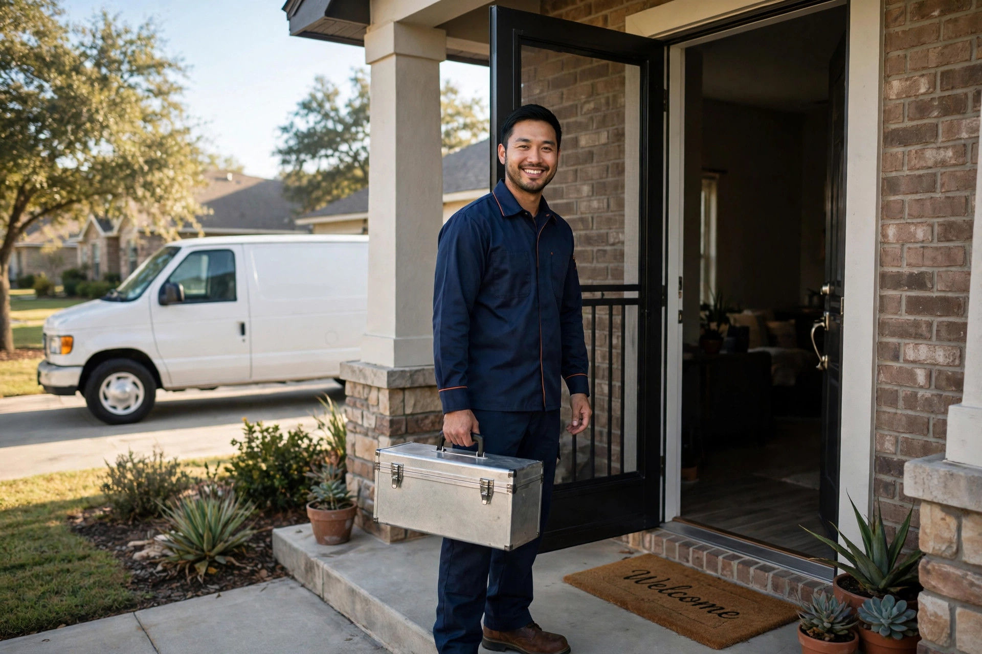 Apex Plumbing technician arriving at a home in Austin, TX